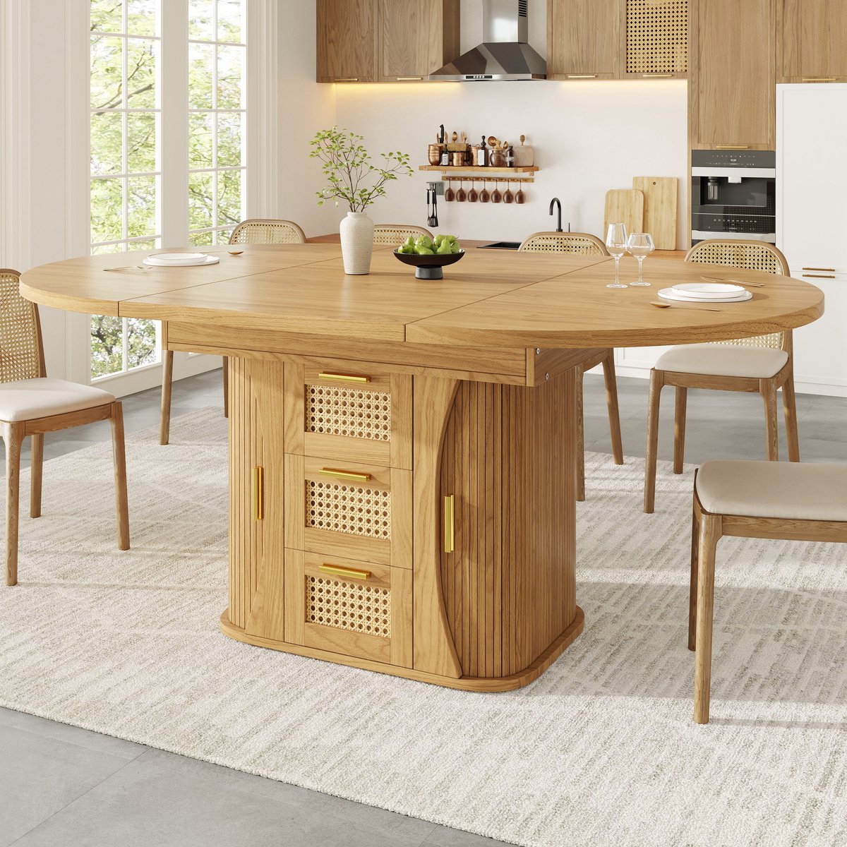 PHOEBE CAT Uitschuifbare Eettafel - 118–158 x 118 x 77 cm - Met opbergruimte - Rieten lades - Houtlook - Natuurlijke