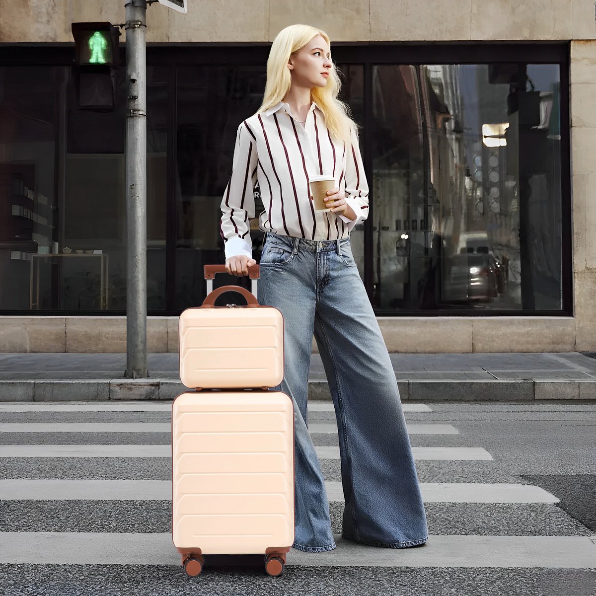 VVBV Kofferset 2 Delig 14/19 inch - ABS Hardcase, Handbagage Koffer, Beautycase, Spinner Wielen, Cijferslot, Beige, Vakantie