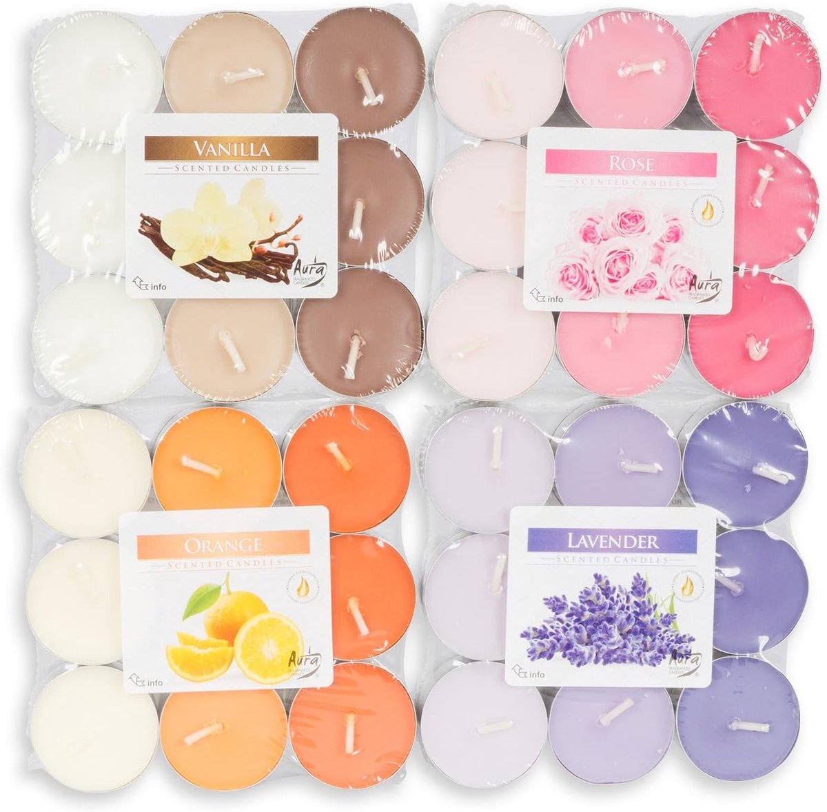 SnelShoppen - 72 Geurkaarsen Theelichten Set - 4x18 Stuks Lavendel, Roze, Vanille, Oranje - Decoratieve Aromatische Kaarsen voor Feest, Camping, Tuin,