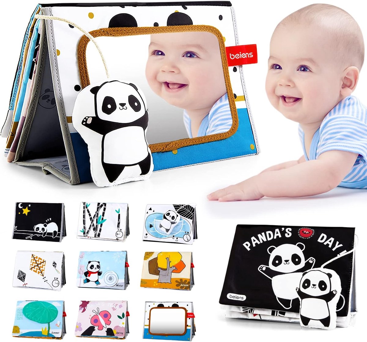 SnelShoppen - Tummy Time Spiegel voor Baby's, Panda Hoge Contrast Zwart-Witte Boekjes, Voelboekjes van Niet-Toxisch Kreukeldoek, Activiteit Ontwikkeli