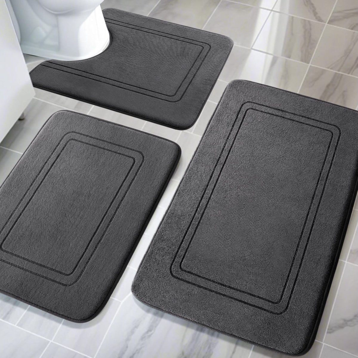 SnelShoppen - Soft Memory Foam Badmatset 3-delig - Donkergrijs - Antislip Badkamer Tapijt voor Badkamer, Toilet, Waskamer en Huiskamer