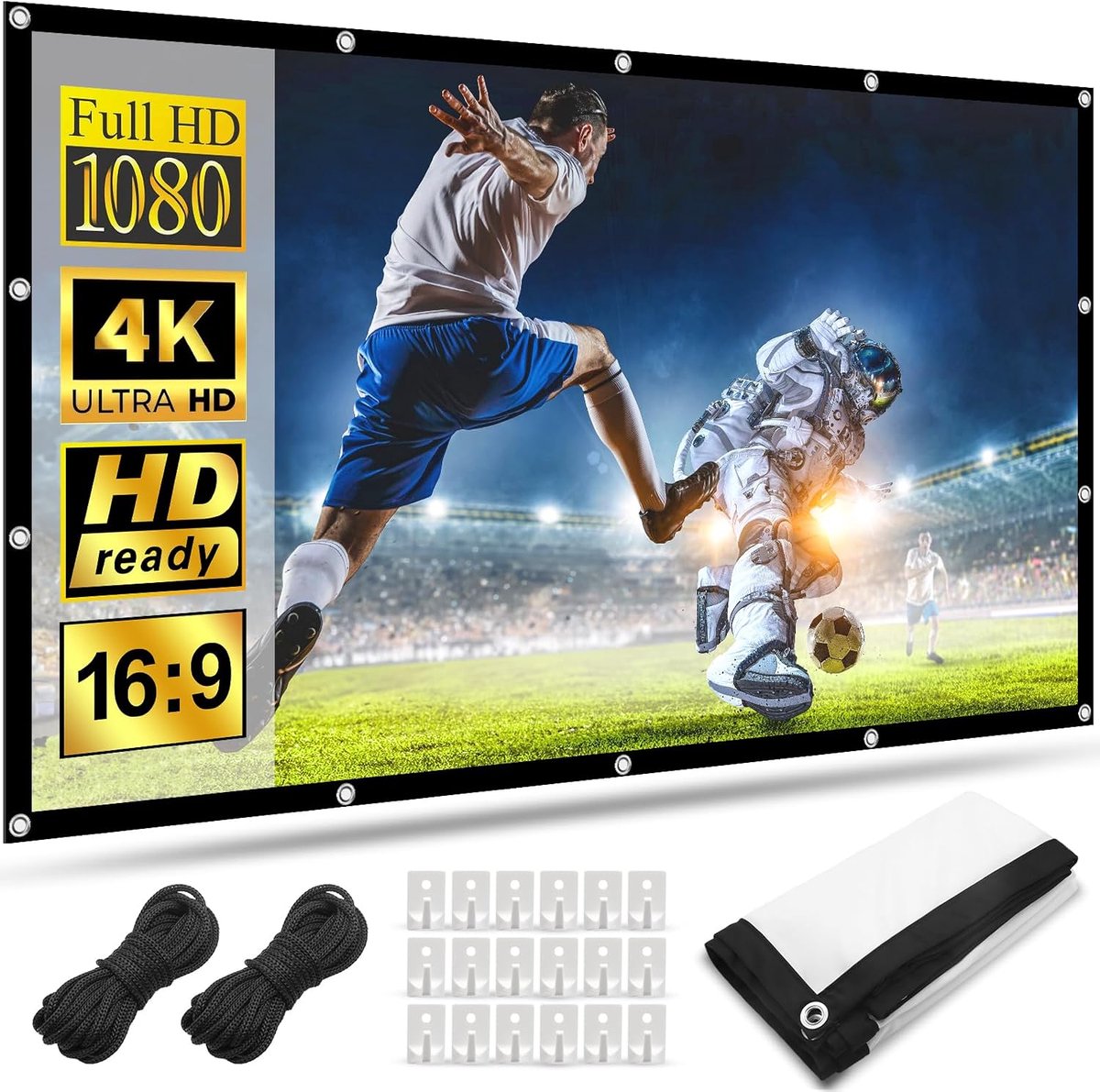 SnelShoppen - Projectiescherm 100 Inch 16:9 Vouwbaar HD Filmdoek, Wit met Haken en Touwen voor Thuis, Klaskamer, Buiten, Binnen, Feesten, Cinema