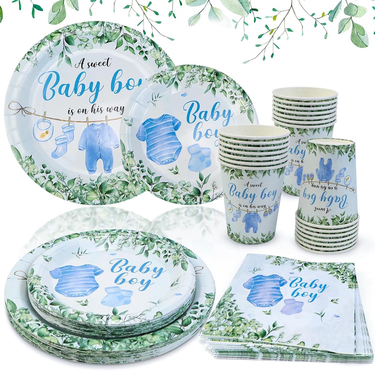 SnelShoppen - Baby Shower Decoratie Jongens Set voor 20 Gasten, 80 Stuks, Papieren Borden, Bekers en Servetten, Eco-vriendelijk, Feest, Babyfeest, Jon