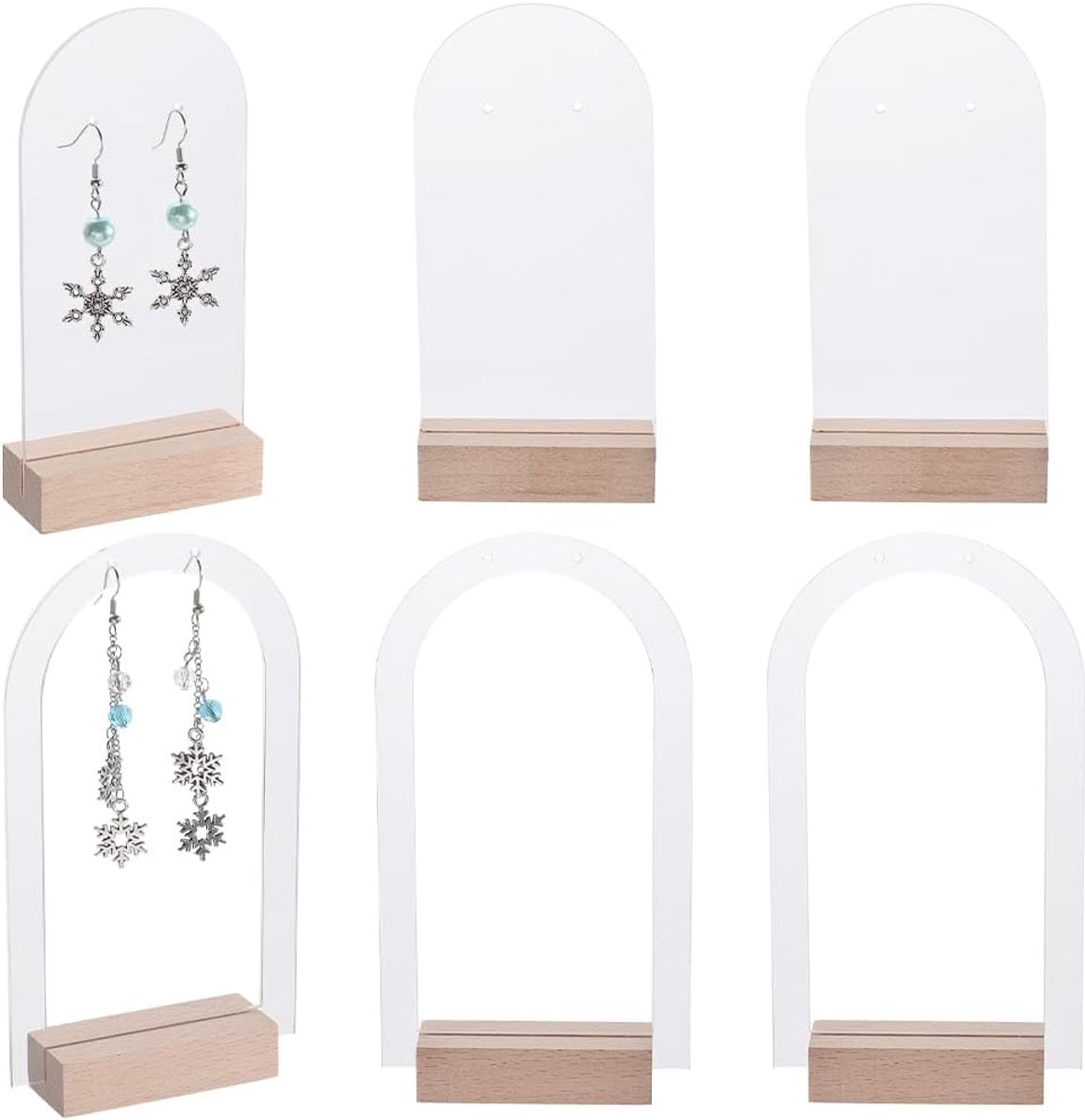 SnelShoppen - Set van 6 Acryl Oorbellenhouders - Oorbellen Presentatiestandaard - Hol Transparant met Houten Basis - Sieradenopslag voor 6 Paar Oorbel