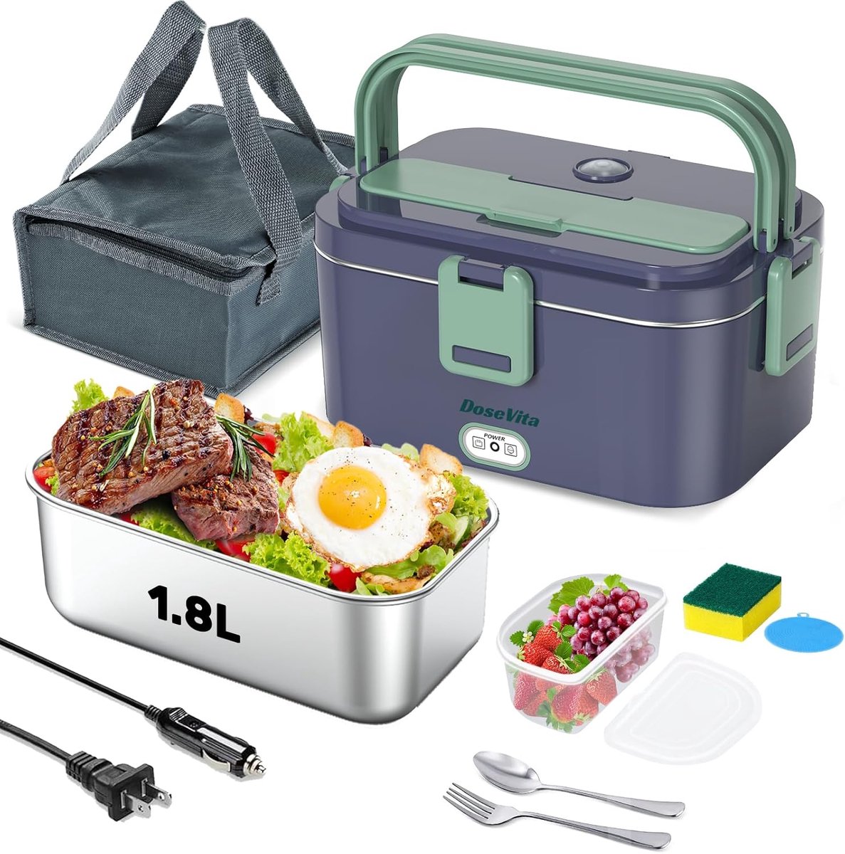 SnelShoppen - Elektrische Lunch Box 80W Verwarmd voor Volwassenen 12/24/110V 1.8L Draagbare Lunchbox voor Werk, Auto, Vrachtwagen met RVS Container, L