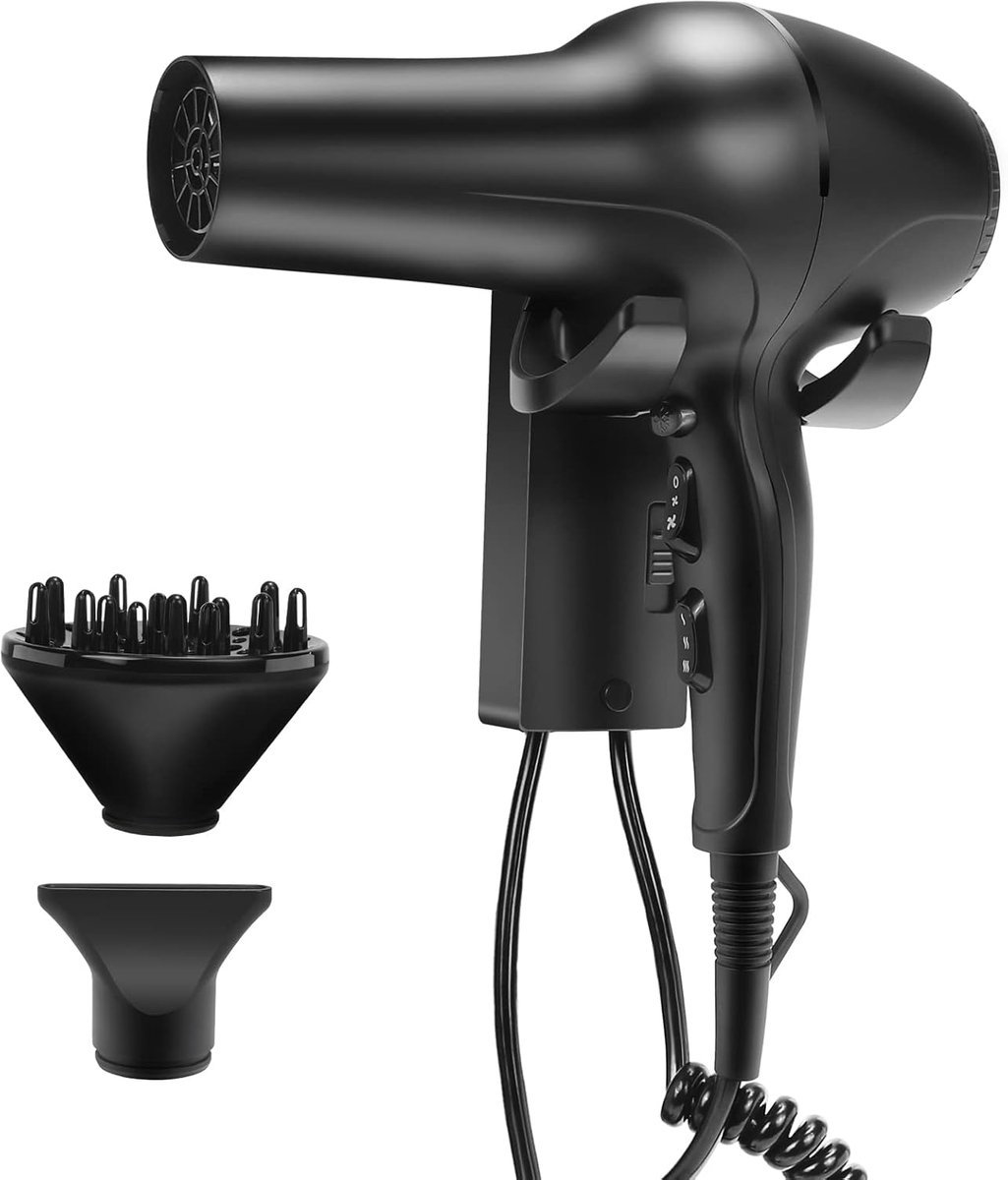 SnelShoppen - Professionele Haardroger 2200W met Wandhouder, AC Motor, 2 Snelheden, 3 Warmte-instellingen, Matte Zwart, Ideaal voor Salon en Hotel