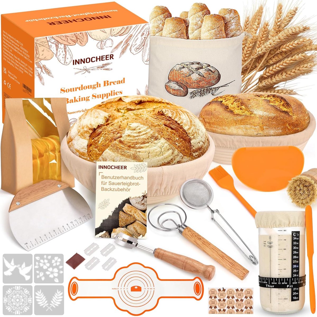 SnelShoppen - Gaarmandje Starterset 25 cm en 23 cm voor Brood en Zuurdesem - Compleet met Glazen Container, Deegschraper, Broodmes, Siliconen Bakmat e