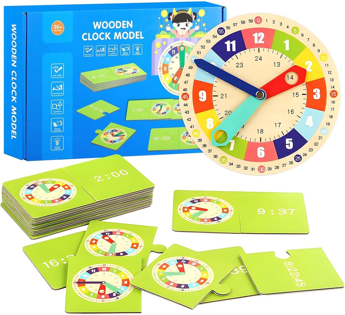 SnelShoppen - Educatief Horloge voor Kinderen - Houten Speelgoed - Klok voor Peuters - Montessori Speelgoed - Tijdles en Kalenderklok - Leerzaam Spel