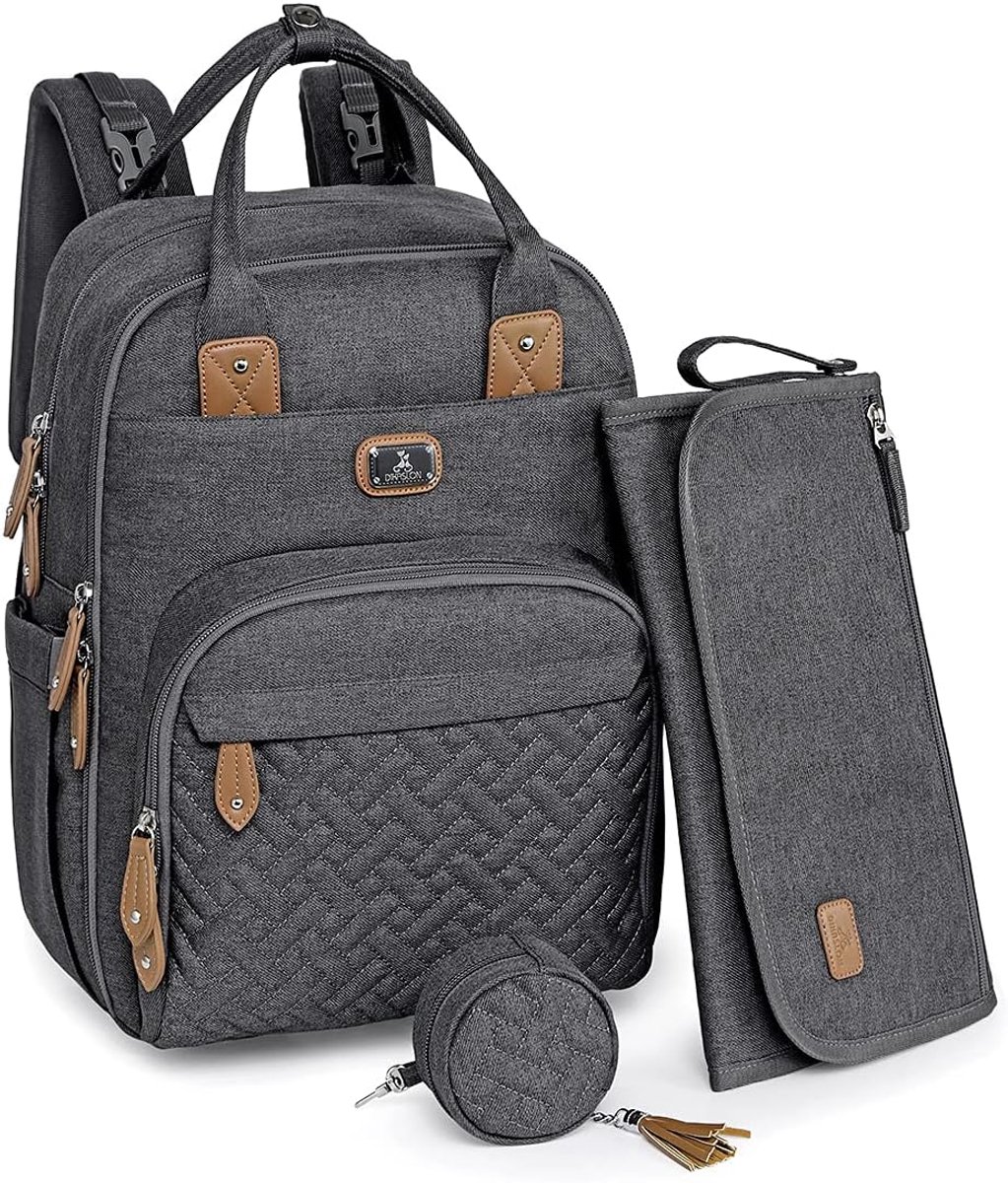 SnelShoppen - Grote multifunctionele luierrugzak met draagbaar aankleedkussen, fopspeenhouder, kinderwagenriemen voor mama en papa, donkergrijs, ideaa
