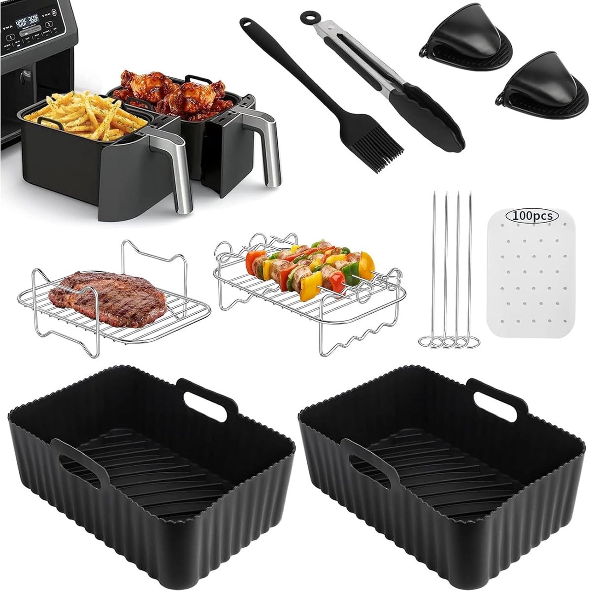 SnelShoppen Air Fryer Accessoires 9-delig Roestvrij Staal Grillrooster Luchtfriteuse Antiaanbaklaag Geschikt voor Ninja AF400EU AF300EU AF50