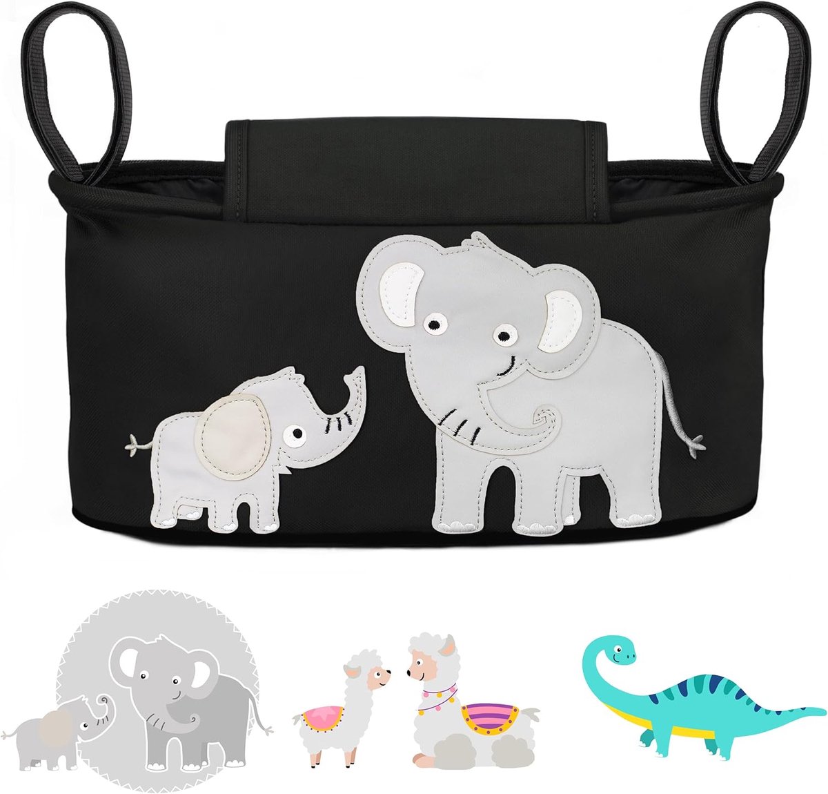 SnelShoppen - GLÜCKSWOLKE Kinderwagen Organizer met 12 Motieven - Ruime Kinder Buggy Tas met Opbergtas voor Vochtige Doekjes - Olifant Motief (Zwart)