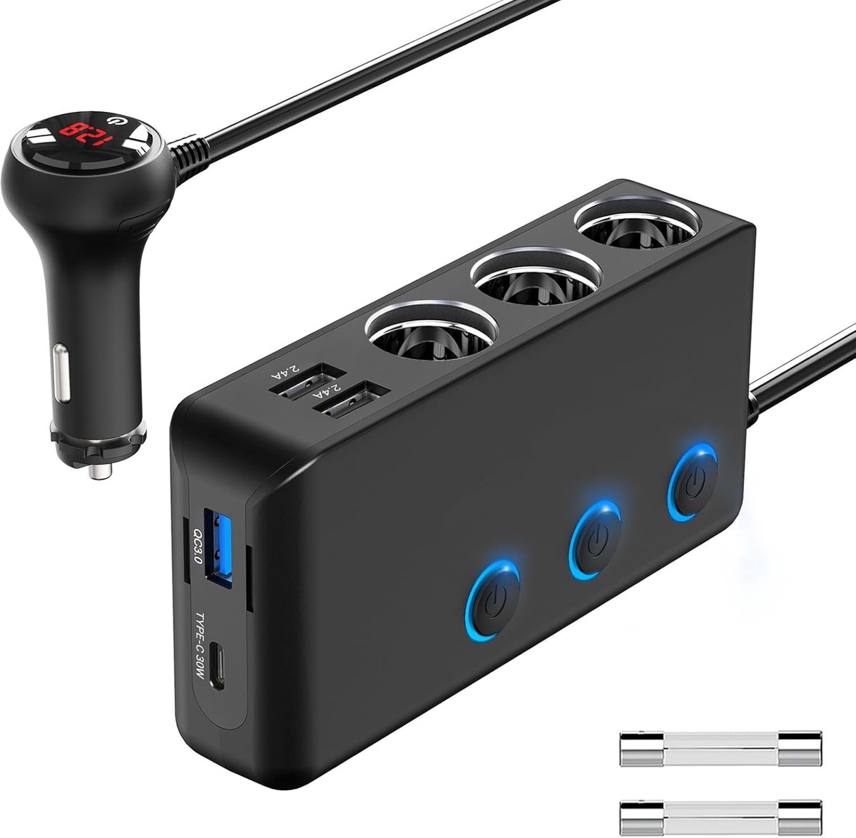 SnelShoppen - PD 30W Sigarettenaansteker Splitter Auto 200W met 3 Stopcontacten, 4 USB Oplaadpoorten, LED Voltmeter voor Mobiele Telefoon, GPS, DashCa