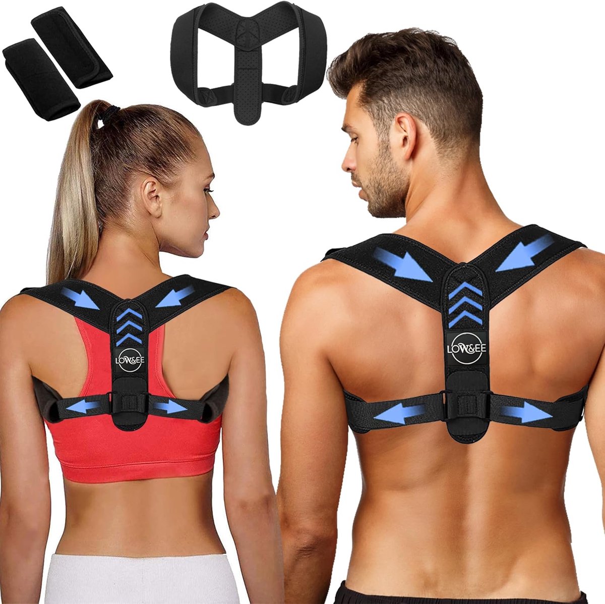 SnelShoppen - LOW&EE Houdingscorrector voor Rug, Verstelbaar, Ademend, Ergonomische Pads, Geschikt voor Dames en Heren, Perfect voor Thuis en Kantoor