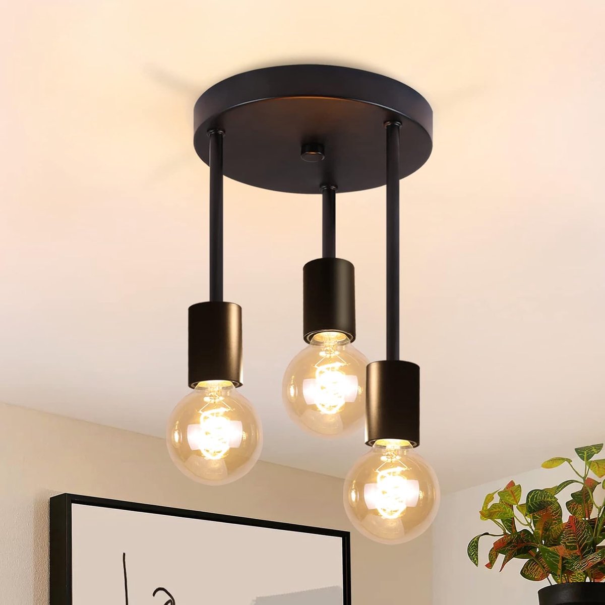 Thijox - Vintage Plafondlamp Zwart - Hangende 3 Vlam Plafondspot E27 met 3 Spots Kroonluchter - Industriële Plafondspots voor Eetkamer, Keuken, Hal, W