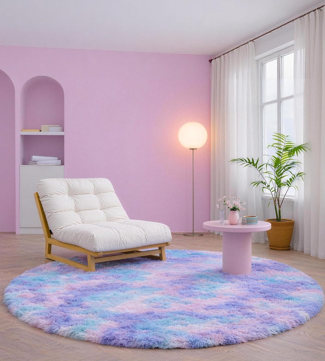 SnelShoppen - Vloerkleed Rond 120 cm Kinderkamer Batik Blauw-Violet | Hoogpolig, Wasbaar, Oeko-Tex, Antislip Onderkant, Wolachtig, Slaapkamer Decorati