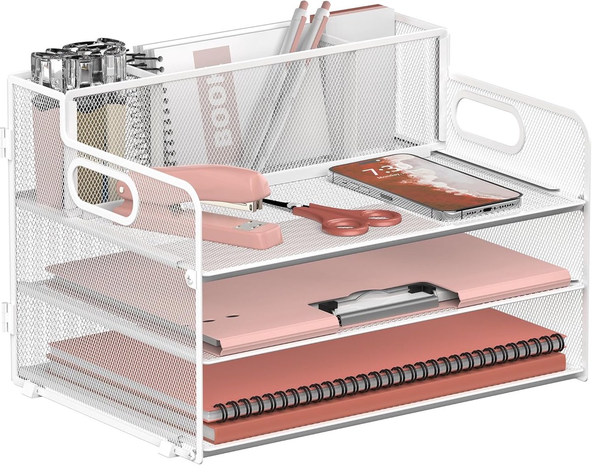 SnelShoppen - Desk Organizer Wit met 3 Niveaus, Handvat, 3 Pennenhouders, Mesh voor Papier, Mappen, Kantoorbrieven en Documenten