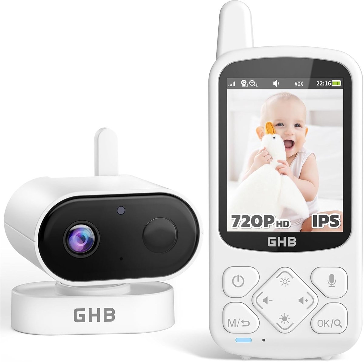 SnelShoppen - Baby Monitor met Camera 720p HD, 2000mAh Accu, 8 Slaapliedjes, VOX Modus, Nachtzicht, 2.4GHz Veiligheid, Draadloze Verbinding