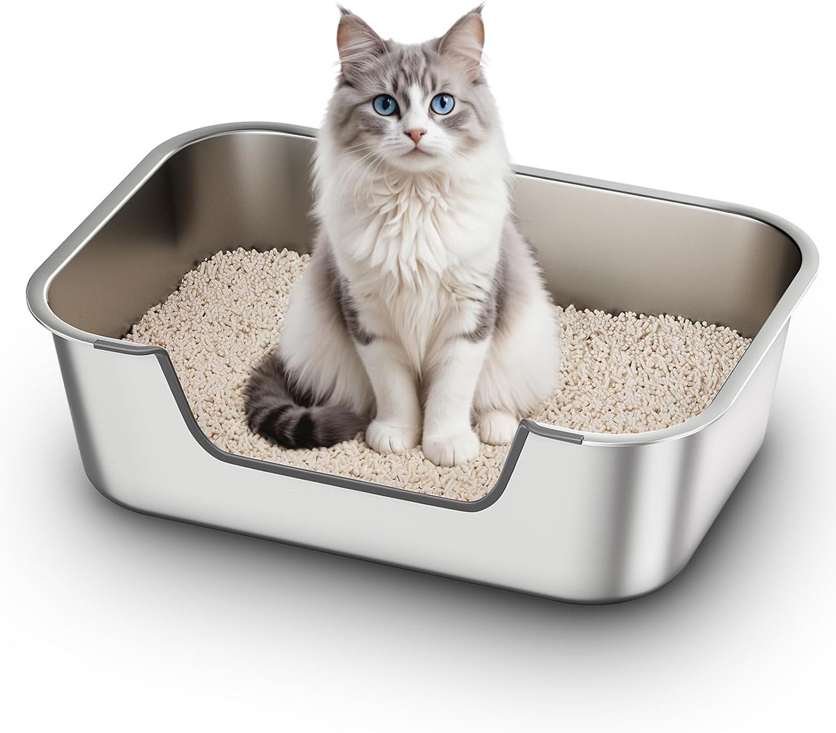 SnelShoppen – RVS Kattenbak met Lage Rand, Grote Open XXL Kattenbak voor Oudere of Gewonde Katten, Makkelijk Schoon te Maken, 50x35x15cm, Met Anti-Pla