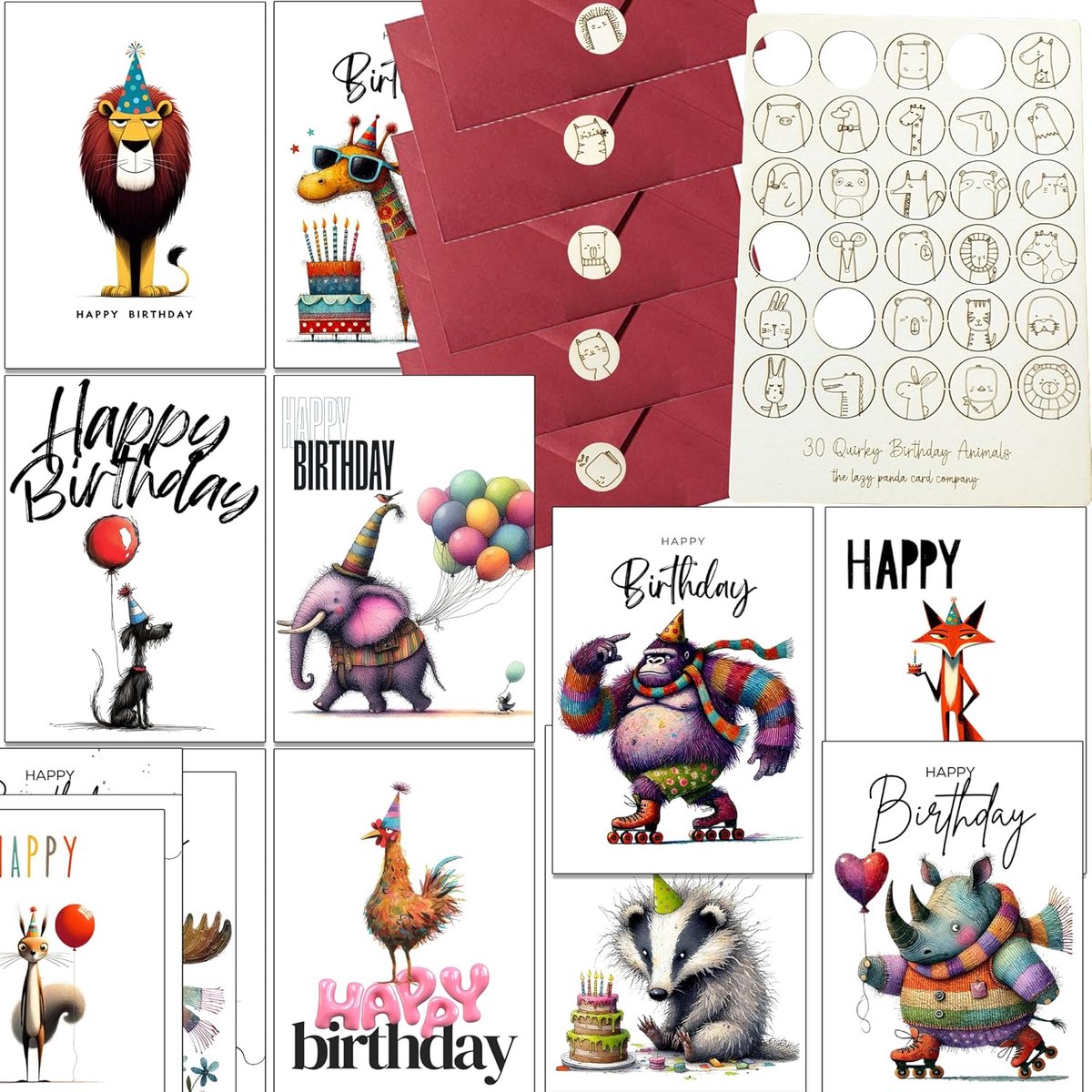 SnelShoppen - 30 Dieren Verjaardagskaarten met Enveloppen en Houten Zegels - Vrolijke en Creatieve Ontwerpen - Gemaakt van Gerecycled Papier - Perfect