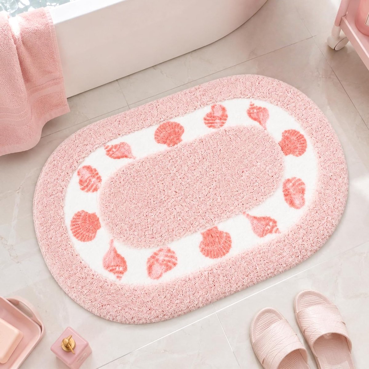 SnelShoppen - Rosa Muschel Antislip Badmat 40x60cm, Zacht Microvezel Pluche Vloerkleed, Wasbaar Douchemat voor Badkamer, Comfortabel en Absorberend, L