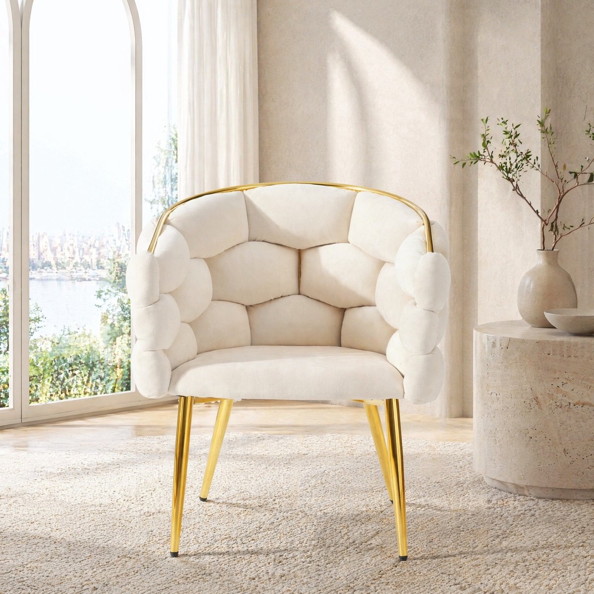 COVREO Eetkamerstoel 44 x 41 x 74 cm - velvet, beige, gouden metalen poten, set van 2