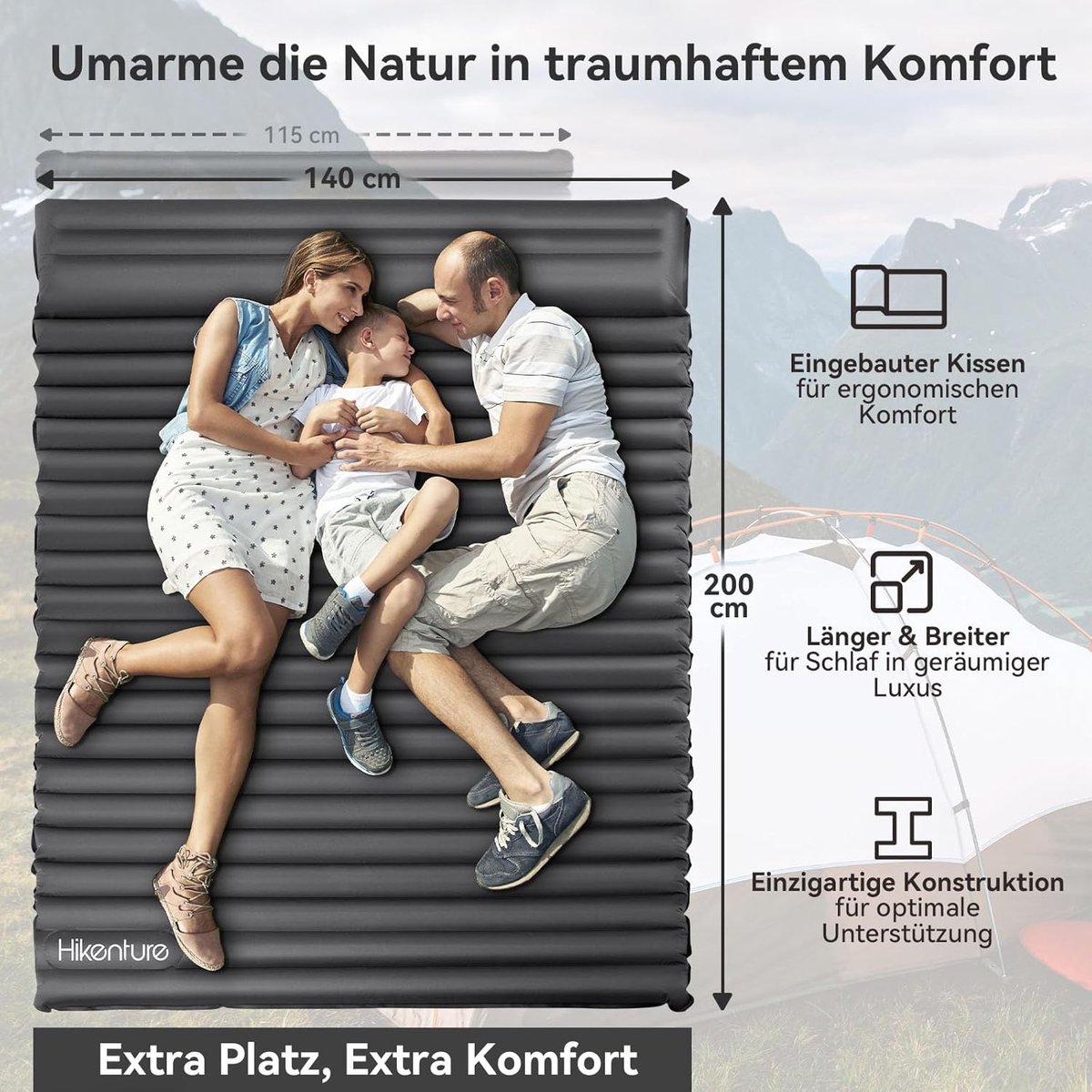 SnelShoppen - Inflatable Camping Mat voor 2 Personen met Kussen - 10cm Dikke Luchtmatras Zelfopblazend 140x200cm - Perfect voor Buiten, Hiking, Strand