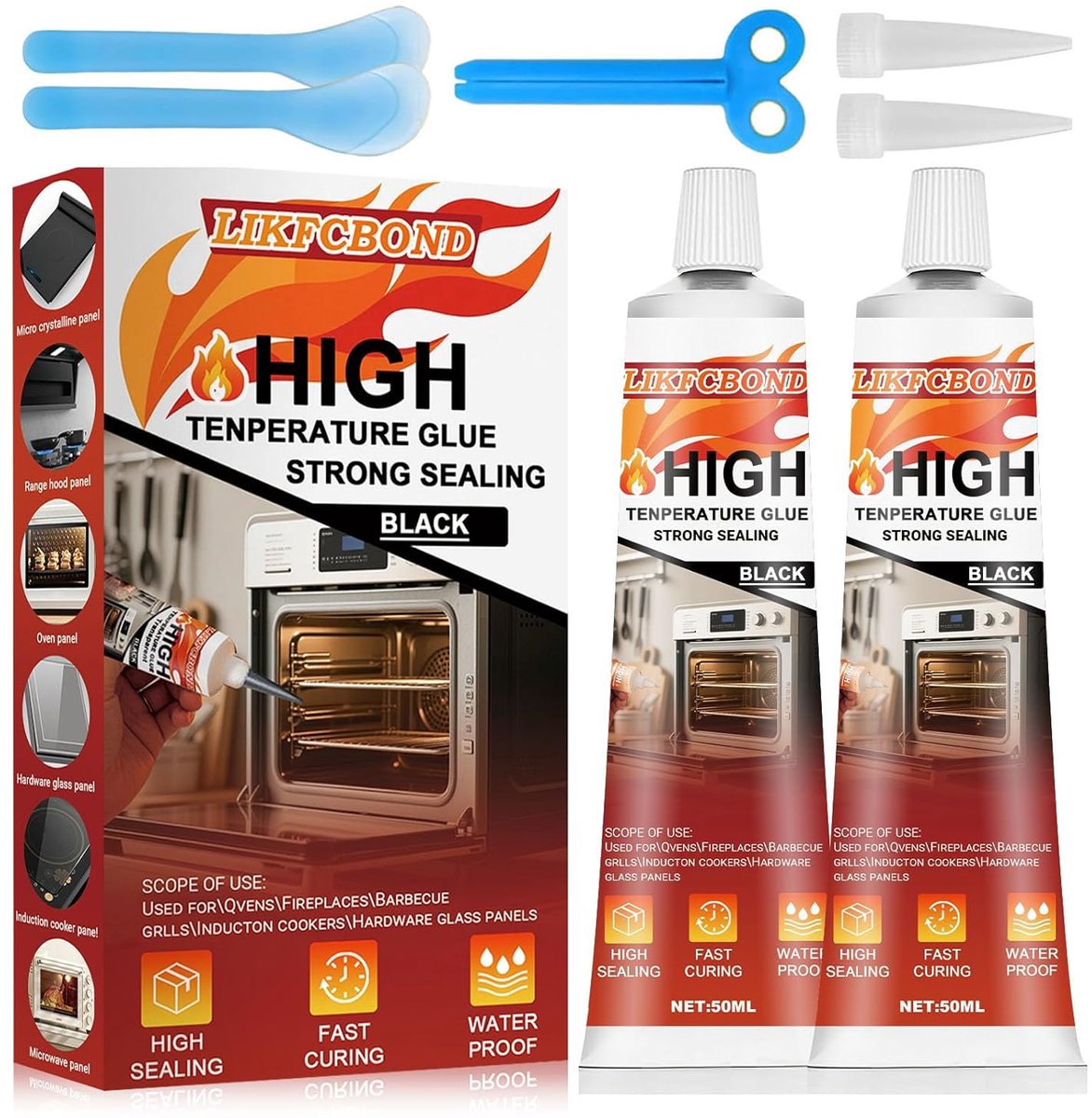 SnelShoppen - Heat Resistant Glue 100ML - Hoge Temperatuur Silicone Lijm tot 650 Graden - Oven Kit voor Cooker, Magnetron, Inductiekoker - Zwart, Veil