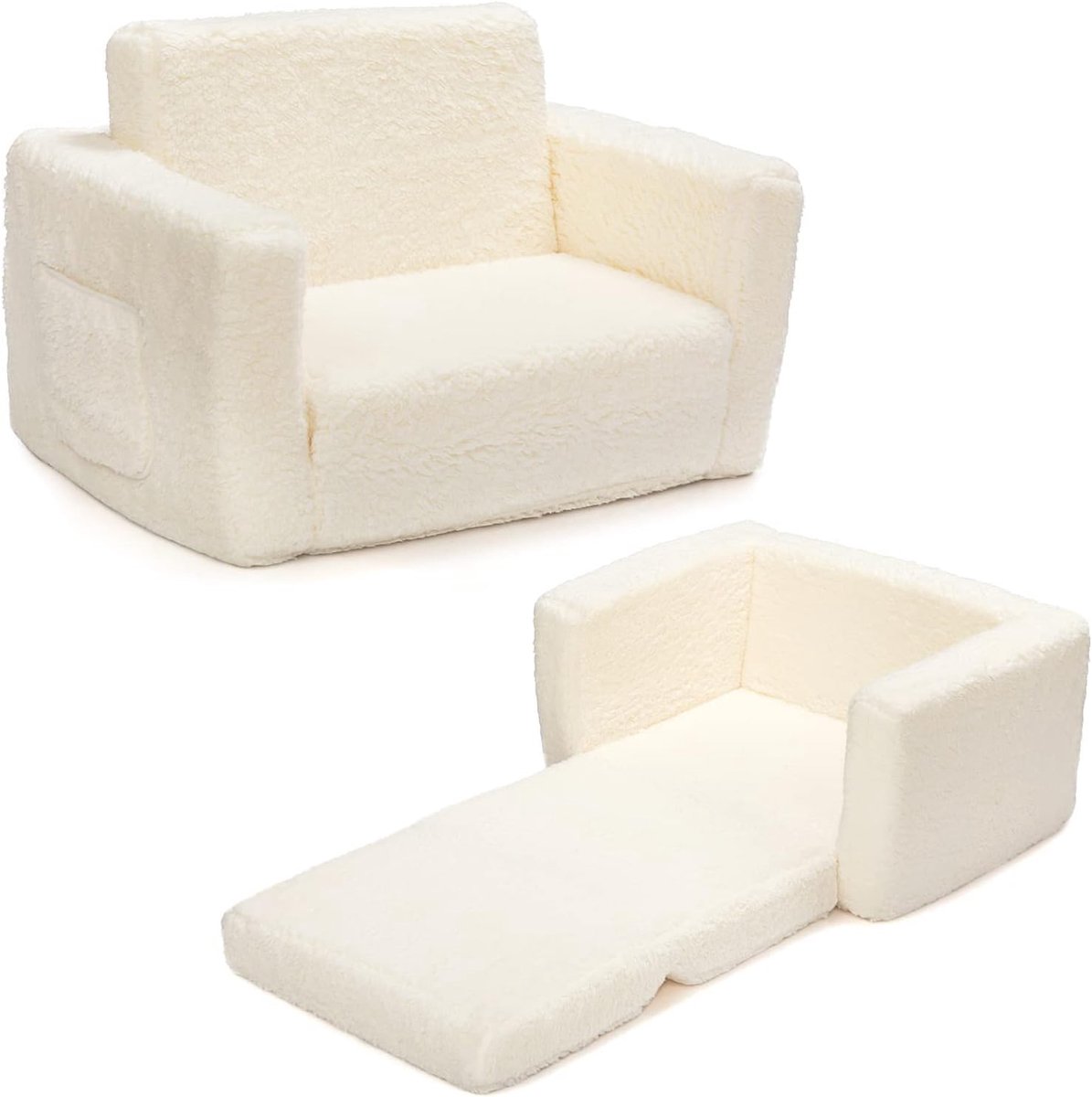 SnelShoppen - BEJOY Kids Sofa Bed 2-in-1 Sherpa Kinder Sofa, Convertible Stoel voor Peuters, Witte Sofa Bed voor Kinderen, Perfect voor Verjaardag, Nu