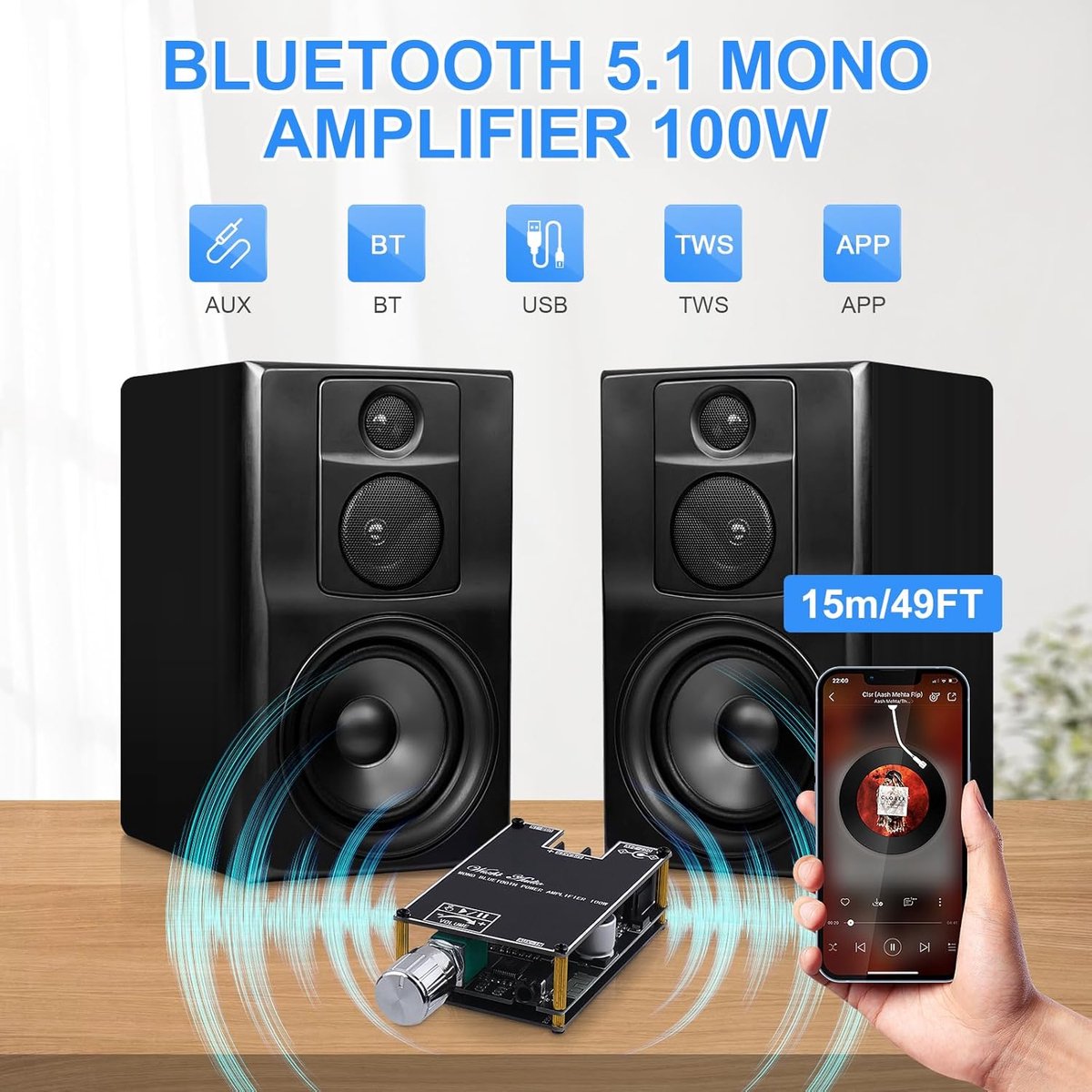 SnelShoppen - HiFi Mono Bluetooth Versterker 100W met AUX/USB, Mini TWS Audio Amplifier Module voor DIY Speakers, DC 7-24V, Perfect voor Feest en Camp thumbnail 3