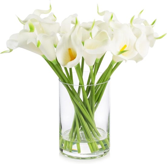 Kunstbloemen Lelies - Nepbloemen Arrangement - Woondecoratie Binnen - Real Touch Materiaal - 30cm Hoog - Wit Groen