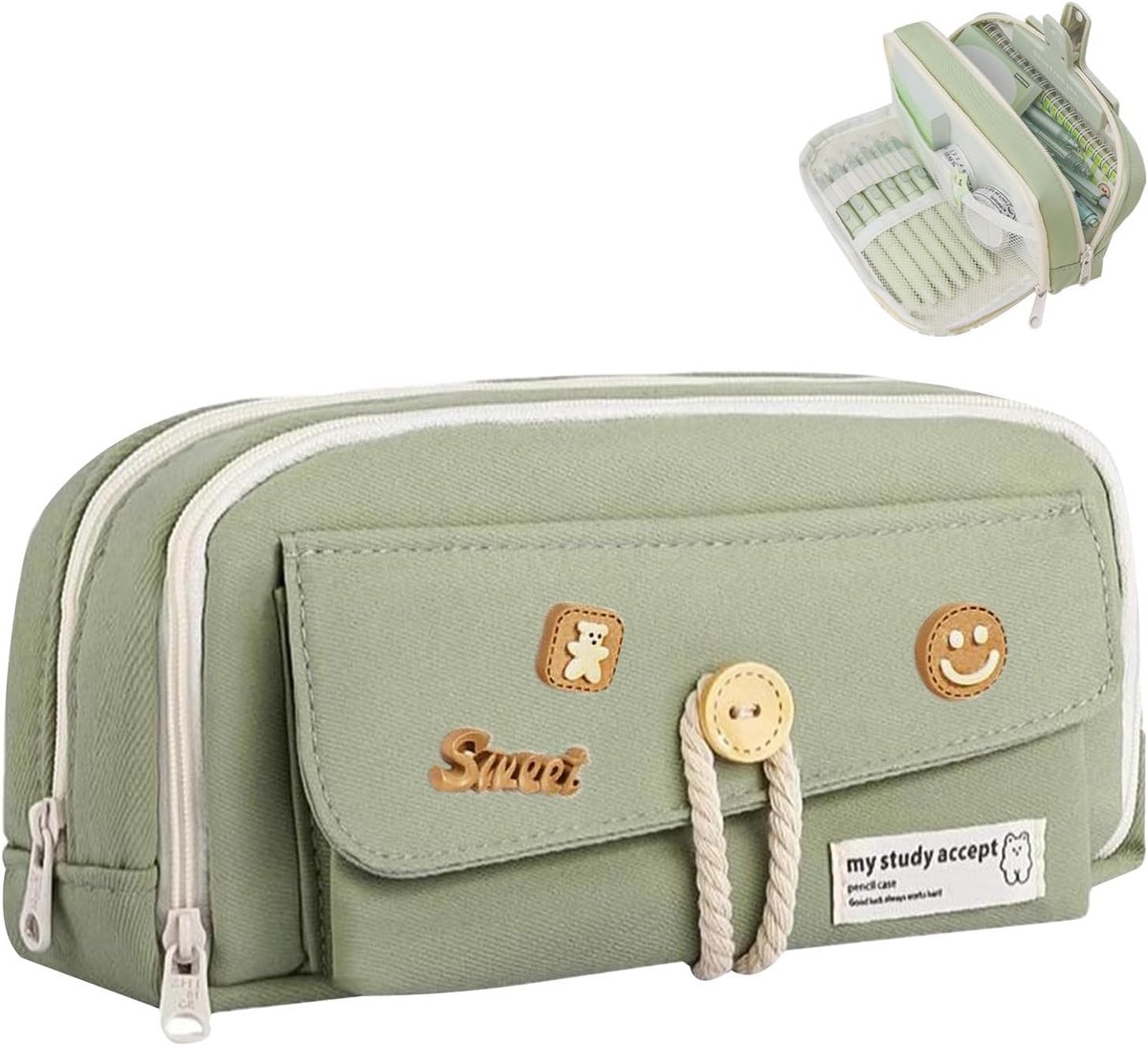 Grote Etui met 4 Compartimenten - Pennenzak met Decoratieve Patches - School Etui voor Meisjes en Dames - Grote Opbergtas