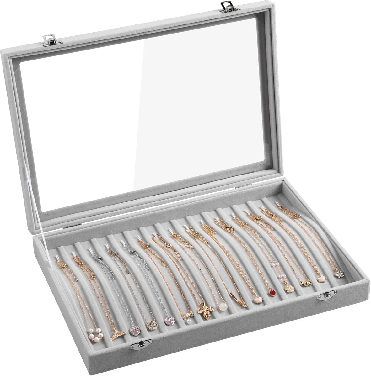 Thijox - Fluwelen Halsketting Organizer met 15 Haken, Duidelijk Deksel, Sieradenopbergdoos voor Vrouwen en Meisjes, Grijs, Ideaal voor Hangers en Kett