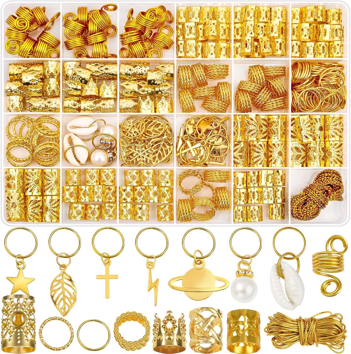 SnelShoppen - 259 Stuks Haaraccessoires voor Vlechten en Dreadlocks, Metalen Gouden Vlechtringen en Manchetclips, Haarsieraden voor Vrouwen, Perfect v