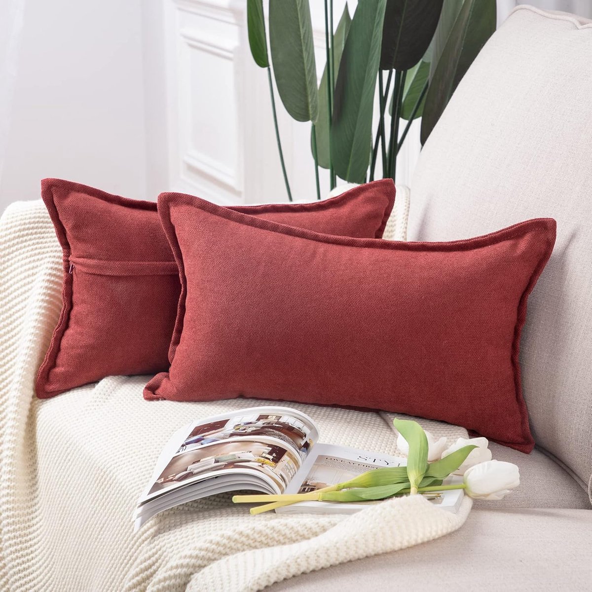 SnelShoppen - Set van 2 Korte Chenille Kussenhoezen 30x50cm - Zacht Decoratief Kussen voor Bank en Slaapkamer - Bordeau Rood - Duurzaam en Stijlvol