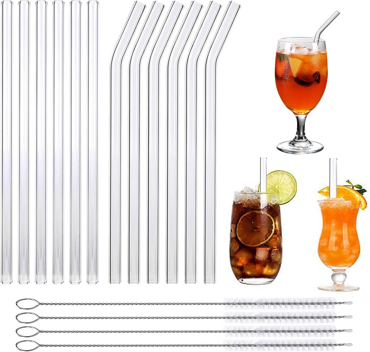 SnelShoppen - Set van 16 Luxe Glazen Rietjes - 6 Rechte & 6 Gebogen Rietjes - Inclusief 4 Schoonmaakborstels - Vaatwasserbestendig - Ideaal voor Feest