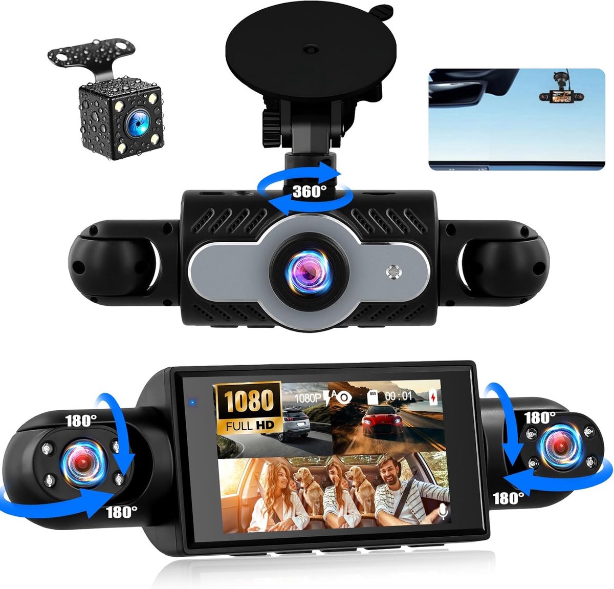 SnelShoppen - SIXTOP 4 camera's dashcam 360° rondomzicht auto DVR - 1080P Full HD, 3 inch IPS-display, nachtzicht, bewegingsdetectie, loop-opname & ac
