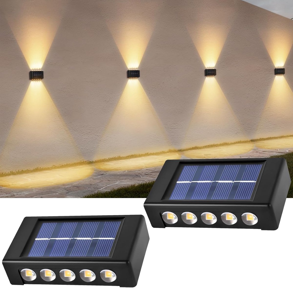 SnelShoppen - Solar Fence Lights Buiten Tuin, 2 Stuks Solar Powered Wandlampen IP65 Waterdicht, 10 LED Lichten Warm Wit voor Muur, Terras, Patio, Tuin