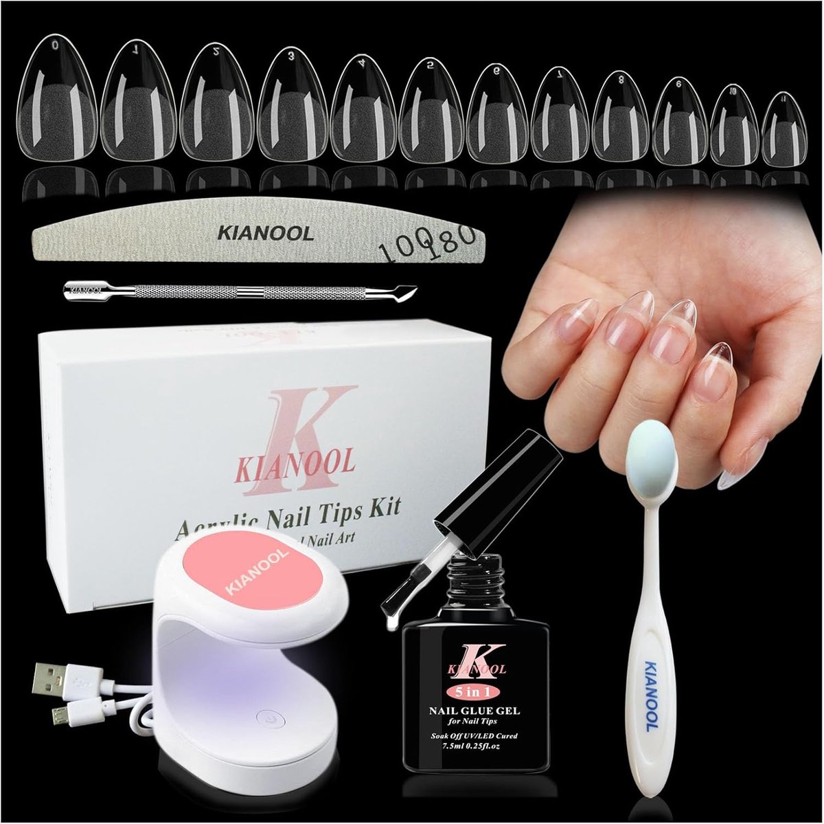 SnelShoppen - Nail Tip en Glue Set 552 Stuks, Amandel Valse Nagels met Mini UV Lamp, 5 in 1 Lijm, Thuis Manicure Set voor Dagelijks Gebruik en Reizen