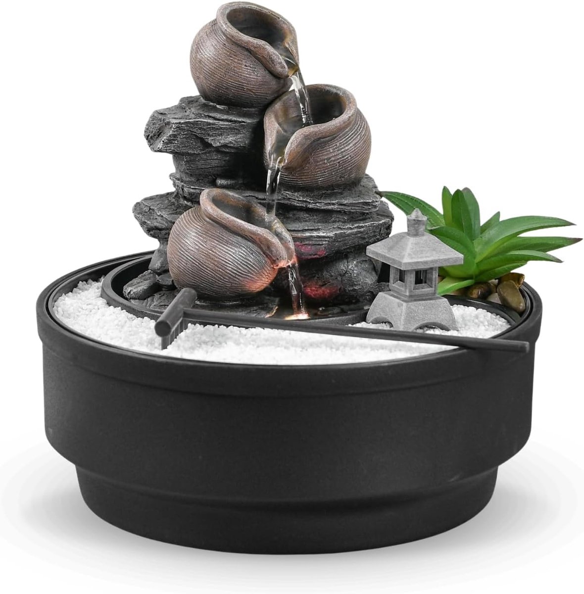 SnelShoppen - Indoor Waterfall Pot Fountain met LED Licht - Zen Tuin Decoratie - Relaxerende Atmosfeer - H21cm - Kunststof met Steenlook - Voor Woonka