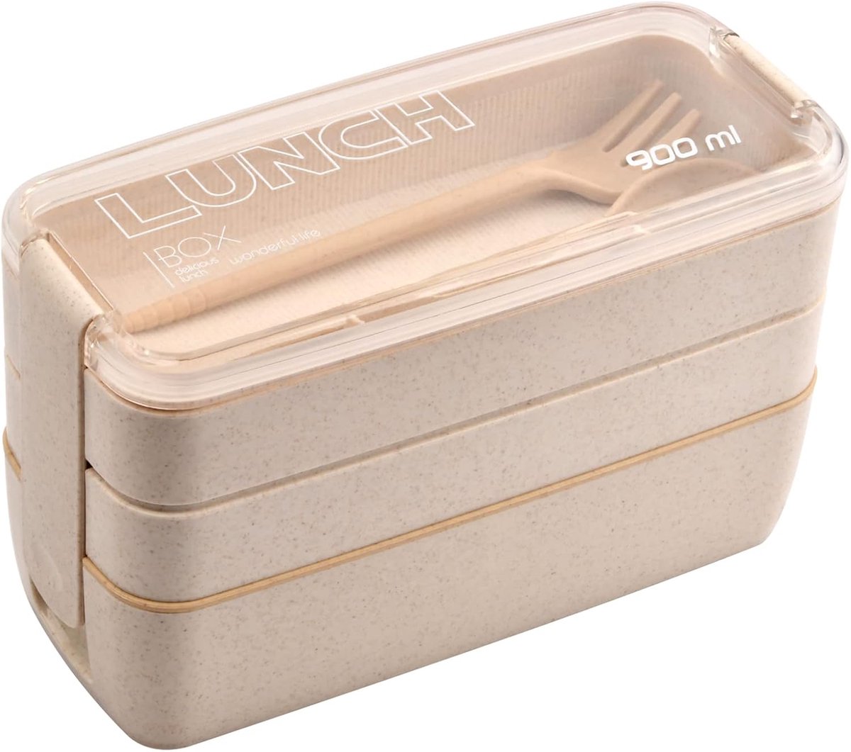 SnelShoppen - Bento Lunch Box 900 ml, Lunch Box voor Volwassenen en Kinderen, 3 Compartimenten, Herbruikbaar, Inclusief Bestek, Stackable, Beige