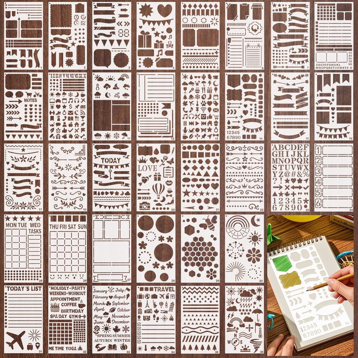 SnelShoppen - Bullet Journal Sjablonen Set 36 Stuks Herbruikbare Plastic Templates Letters Cijfers Banners Voor Dagboek Planner Notitieboek Schilderen