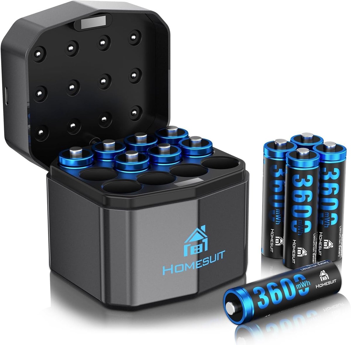 SnelShoppen - Oplaadbare Lithium AA Batterijen met 12-Weg Lader, 1.5 Volt, 3600 mAh, 12 Stuks, Tot 2000 Oplaadcycli, Blauw, Perfect voor Elektronica