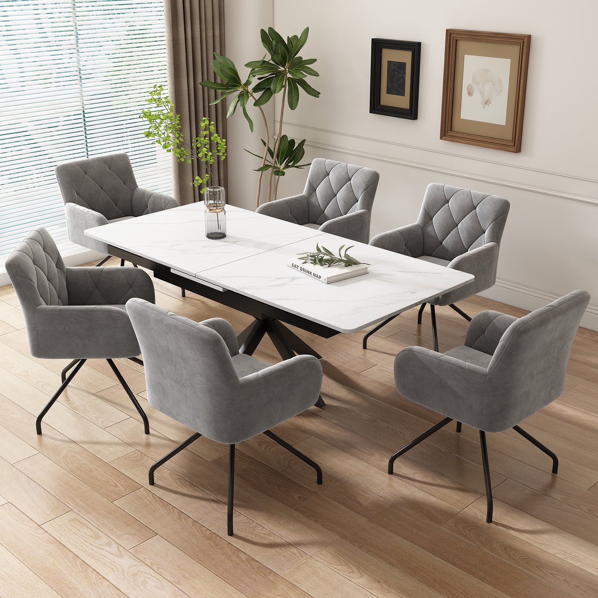 COVREO Eetkamerstoel set van 6 56 x 64 x 85 cm - velvet, met armleuningen, lichtgrijs
