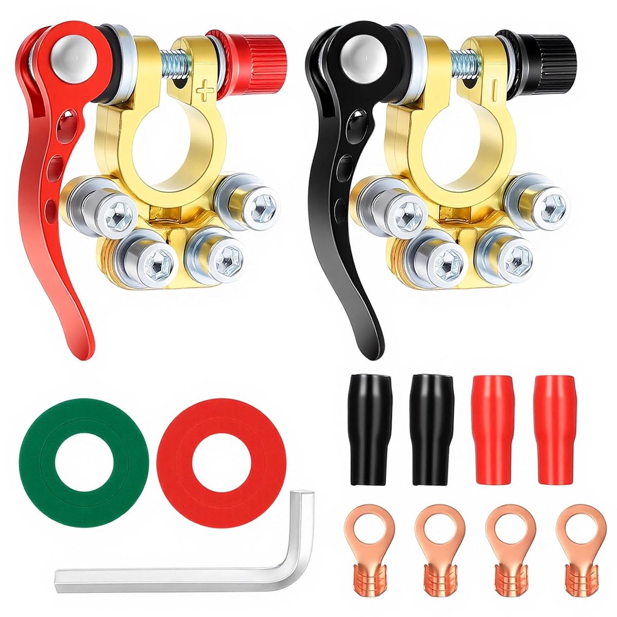 SnelShoppen - Pack van 2 12V Accuklemmen Quick Release 4-Weg Aluminium en Koper voor Auto en Truck - Duurzame Pols Klemmen voor Gemakkelijk Gebruik