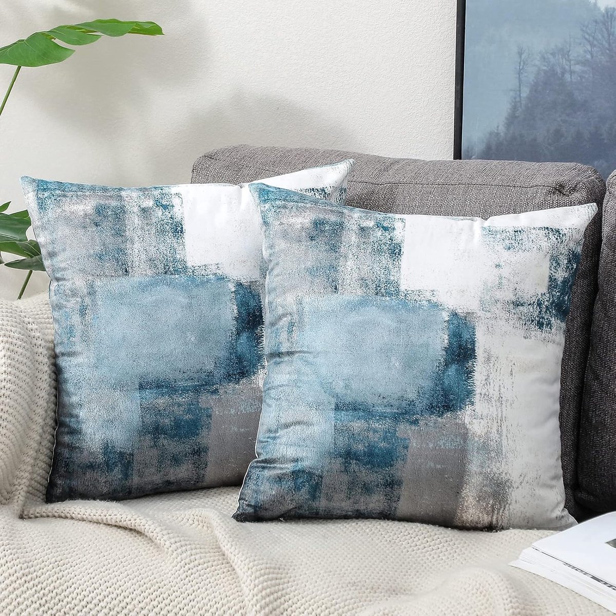 SnelShoppen - Decoratieve Kussenhoezen 45x45 Set Van 2 Fluwelen Kussenhoezen voor Blauwe Bank - Landhuisstijl Kussens voor Binnen en Buiten, Esthetisc