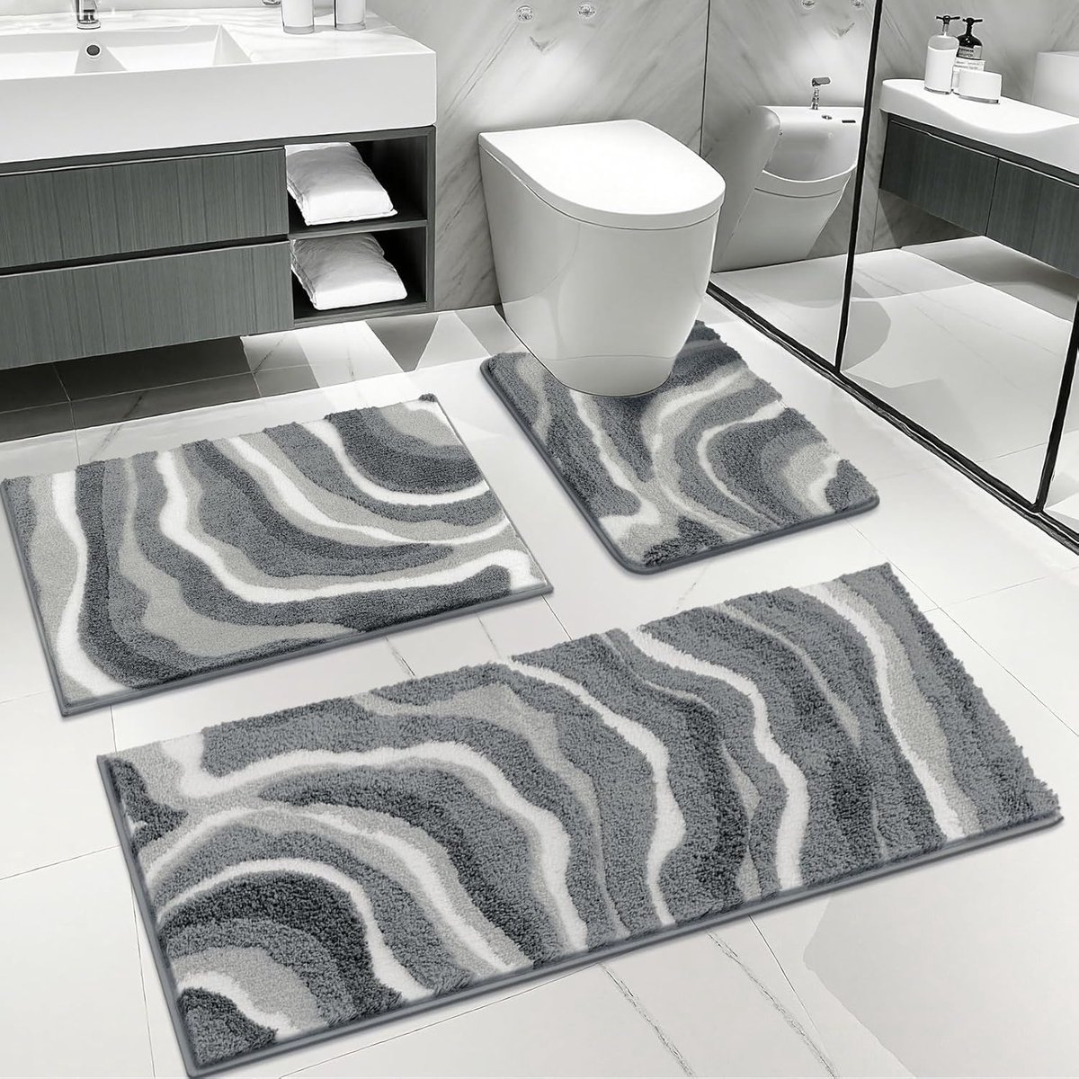 SnelShoppen - Badkamermattenset 3 Delen, Zachte Dikke Microvezel Badmat en WC Toiletmat, Grijs, Antislip, Wasbaar, Superabsorberend, Sneldrogend, Voor