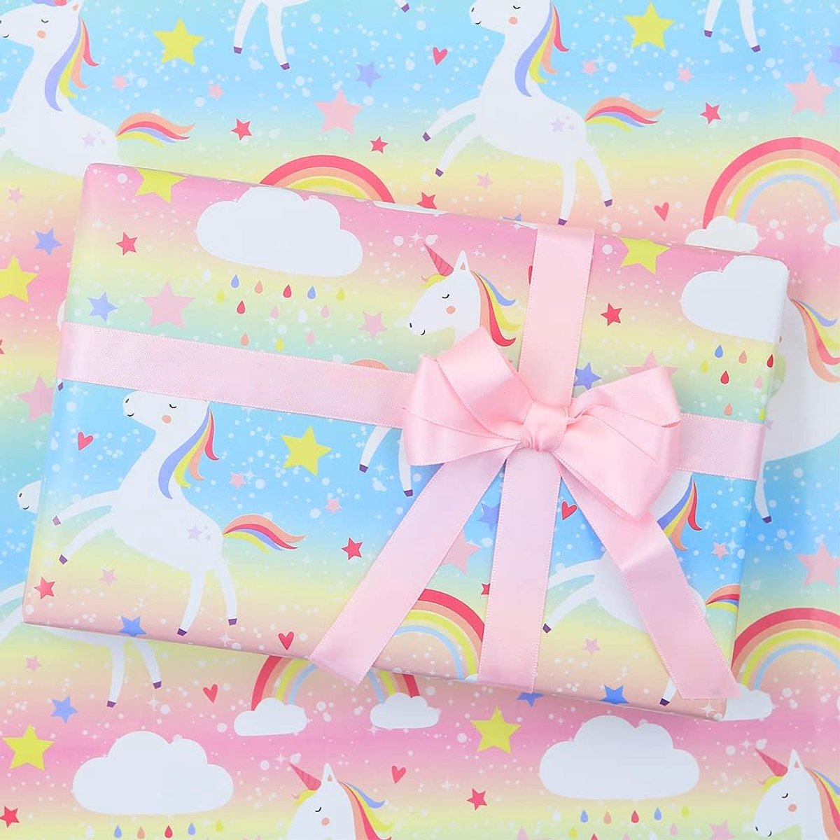 SnelShoppen - Verjaardagsinpakpapier voor Kinderen - Eenhoorn Ontwerp - Cadeaupapier voor Verjaardag en Babyshower - 4 Vellen 50x70 cm met 2 Meter Lin