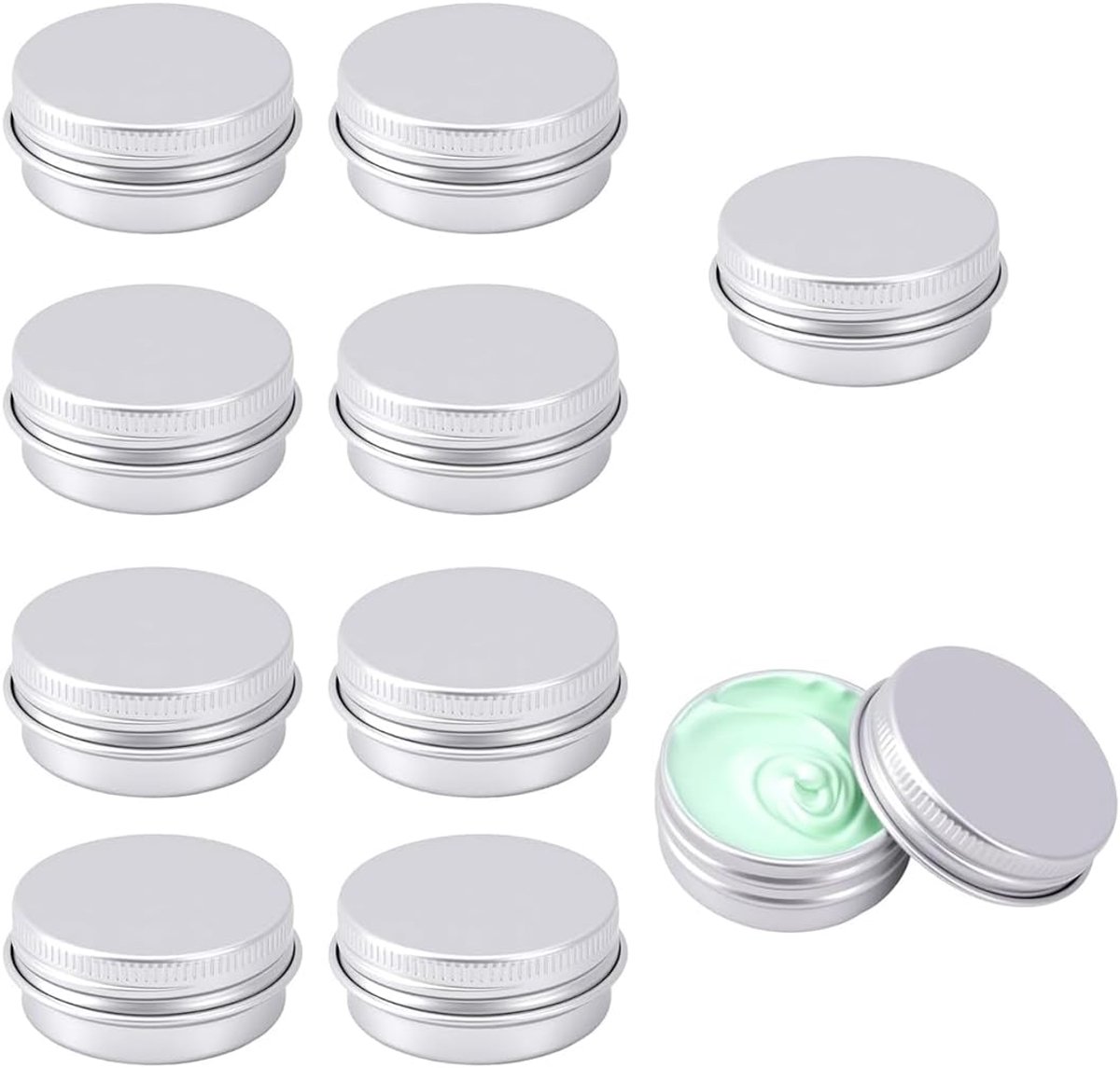 SnelShoppen - 10 stuks aluminium blikjes met schroefdeksel 10 ml, kleine metalen doosjes, zilver, voor cosmetica, crèmes, opbergdozen, duurzaam en roe