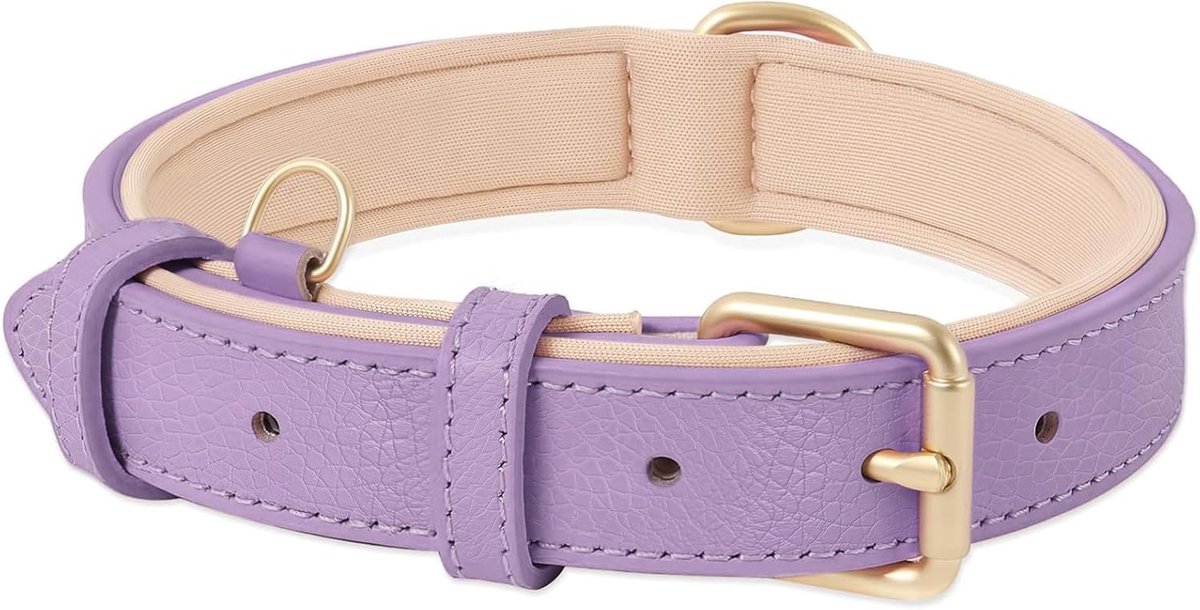 SnelShoppen - Zachte Lederen Hondenhalsband Medium voor Ademend Comfort, Gevoerd met D-ring, Verstelbaar en Klassiek Design in Lila voor Stijlvolle Ho