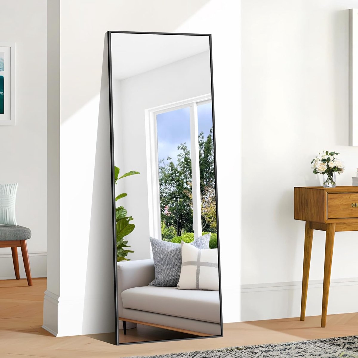 SnelShoppen - BONEWEI Spiegel in Volledige Lengte 161x52 cm - Rechthoekige Staande Spiegel met Zwart Aluminium Frame - Grote Muurspiegel voor Slaapkam